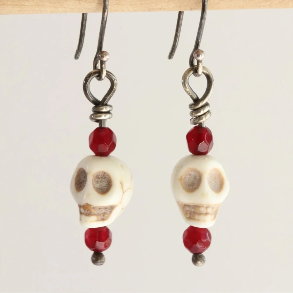 Handmade Skull & Ruby Earrings – Darkened Sterling Silver Gothic Chic